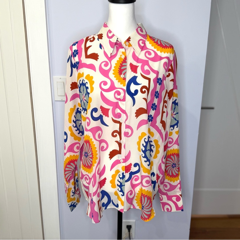 Boden Vibrant Swirl Print Button-Up Silk Shirt, Pink/Blue/Yellow, size 14, EUC.